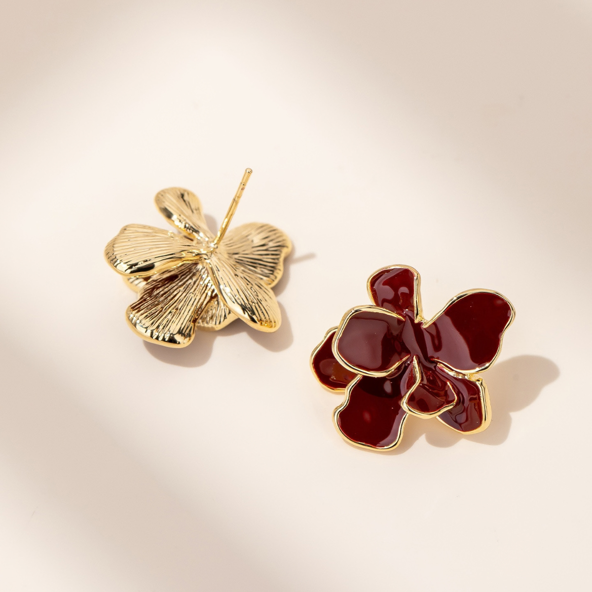 Back detail of Burgundy Floral Stud Earrings with S925 silver posts