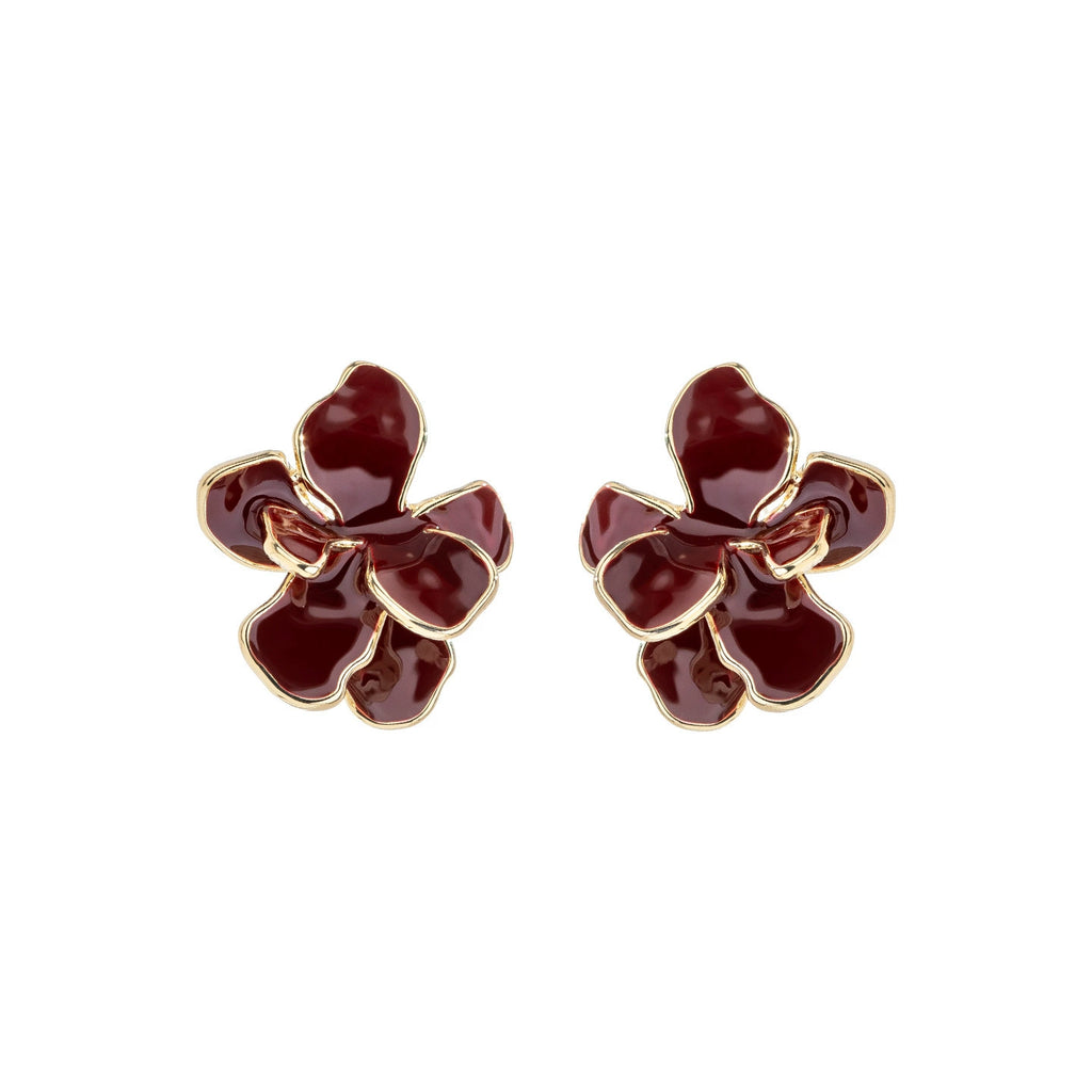 Burgundy floral stud earrings with gold-tone details