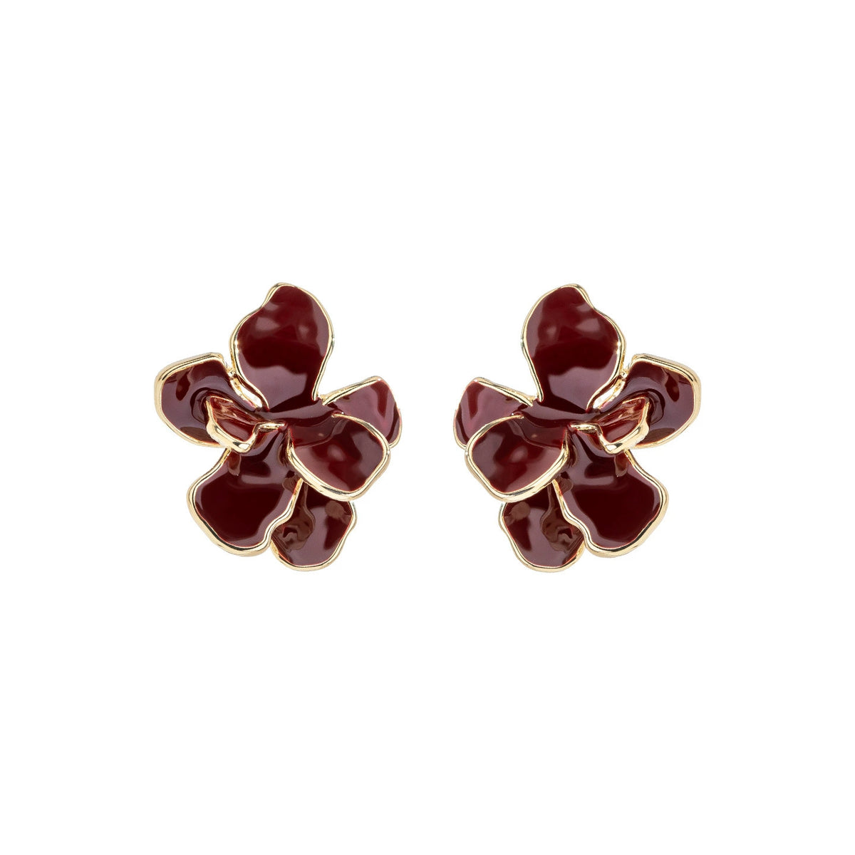 Burgundy floral stud earrings with gold-tone details