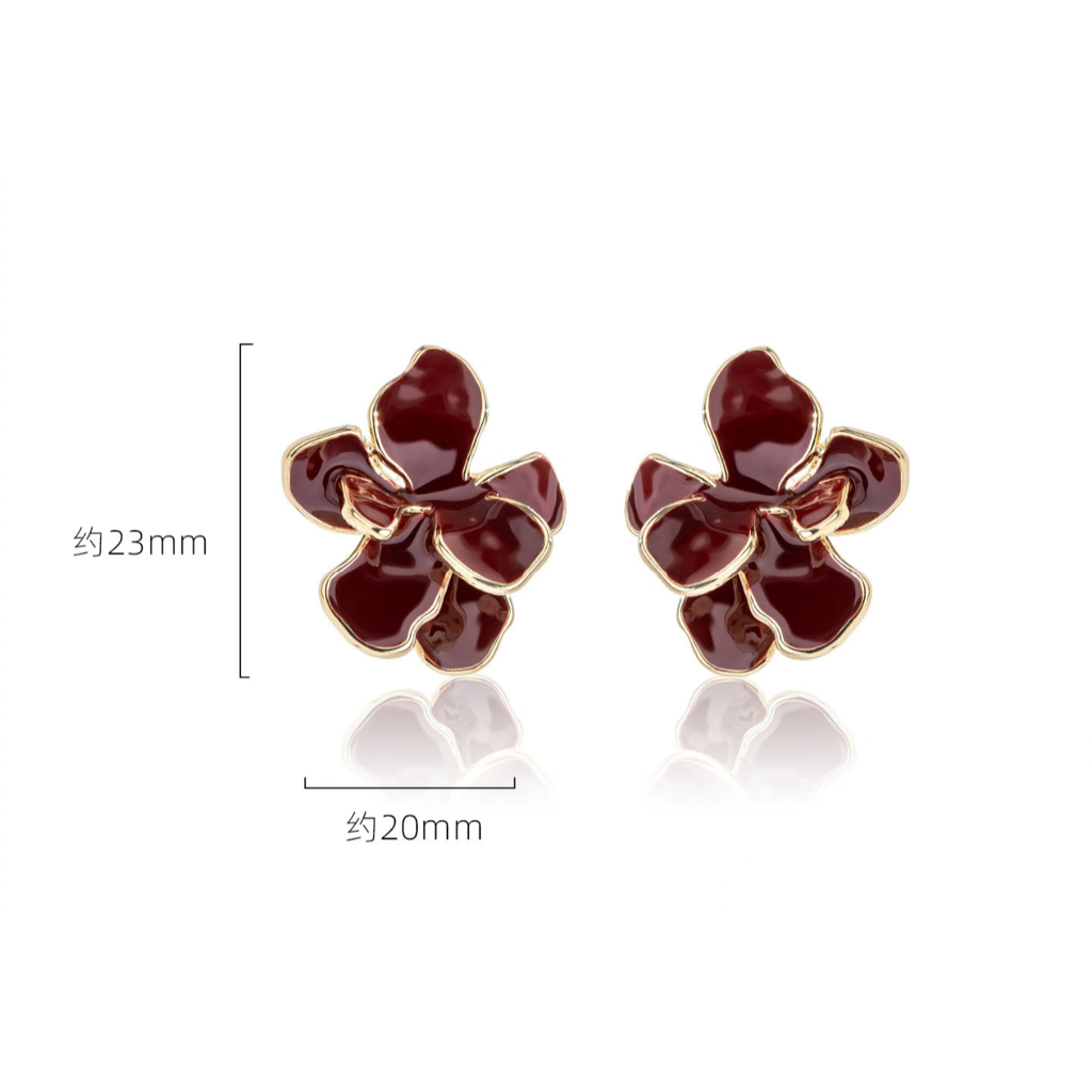 Burgundy Floral Stud Earrings measuring approximately 23 by 20 mm