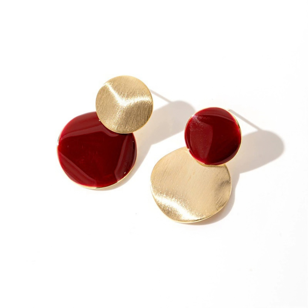 Burgundy and gold-tone asymmetric sculptural stud earrings