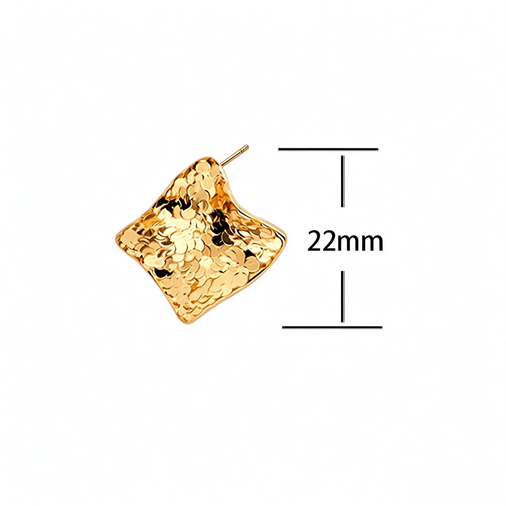 Crinkled metal sculptural stud earrings measuring approximately 22 mm