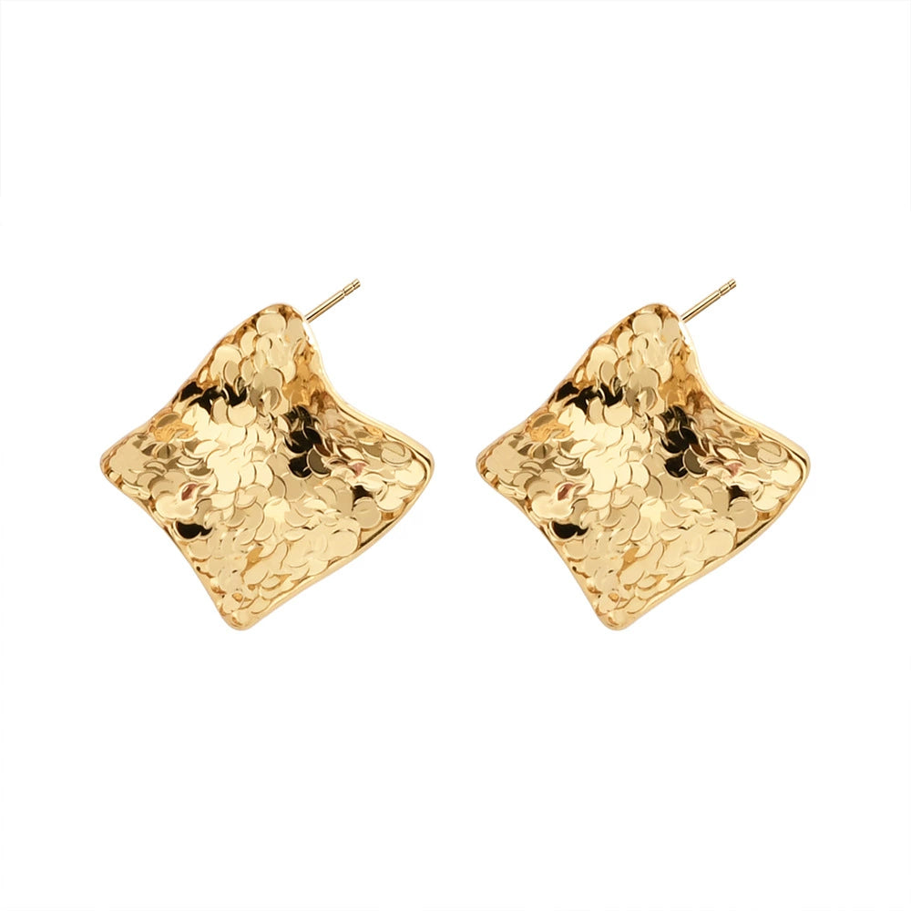 Gold-tone crinkled square sculptural stud earrings