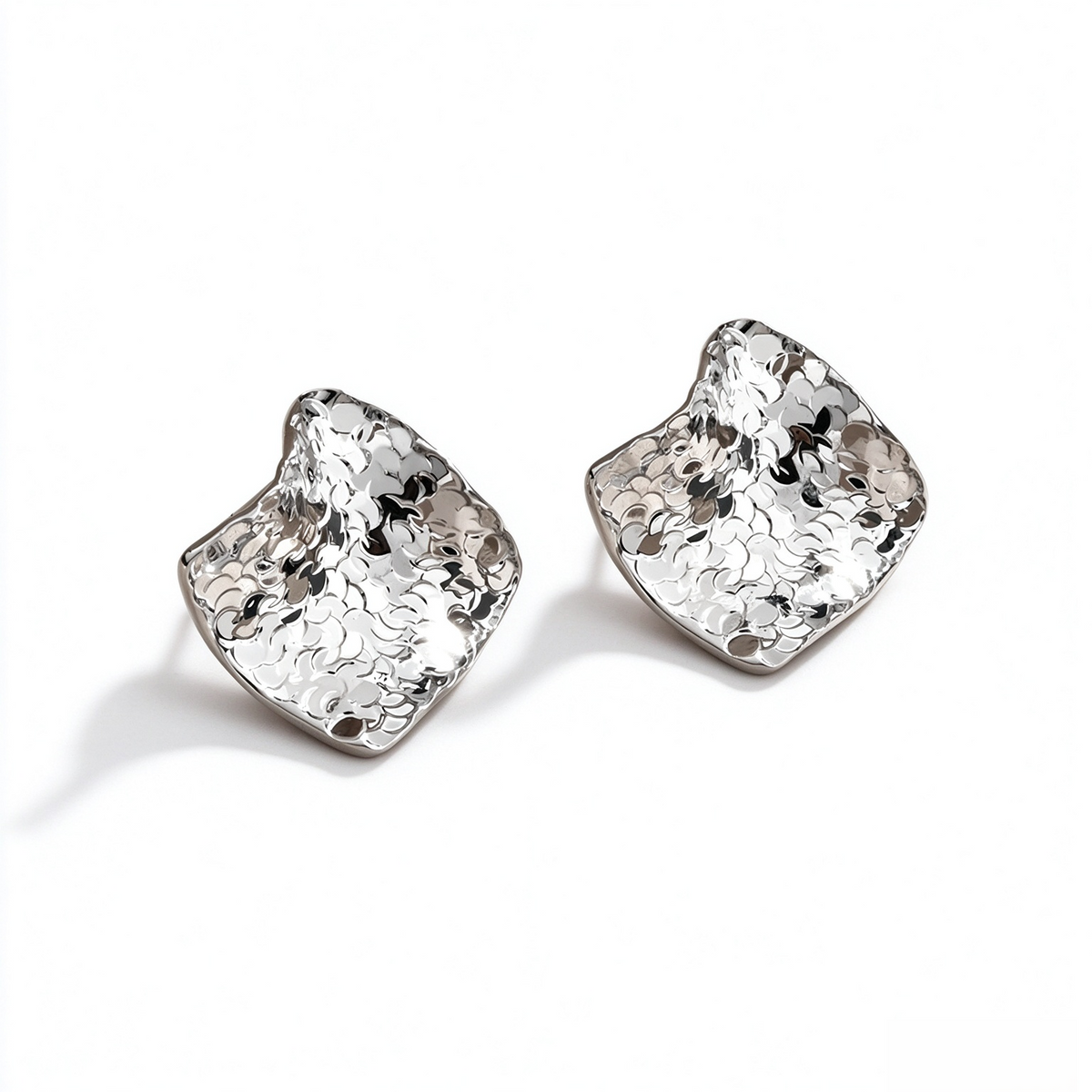 Silver-tone crinkled square sculptural stud earrings