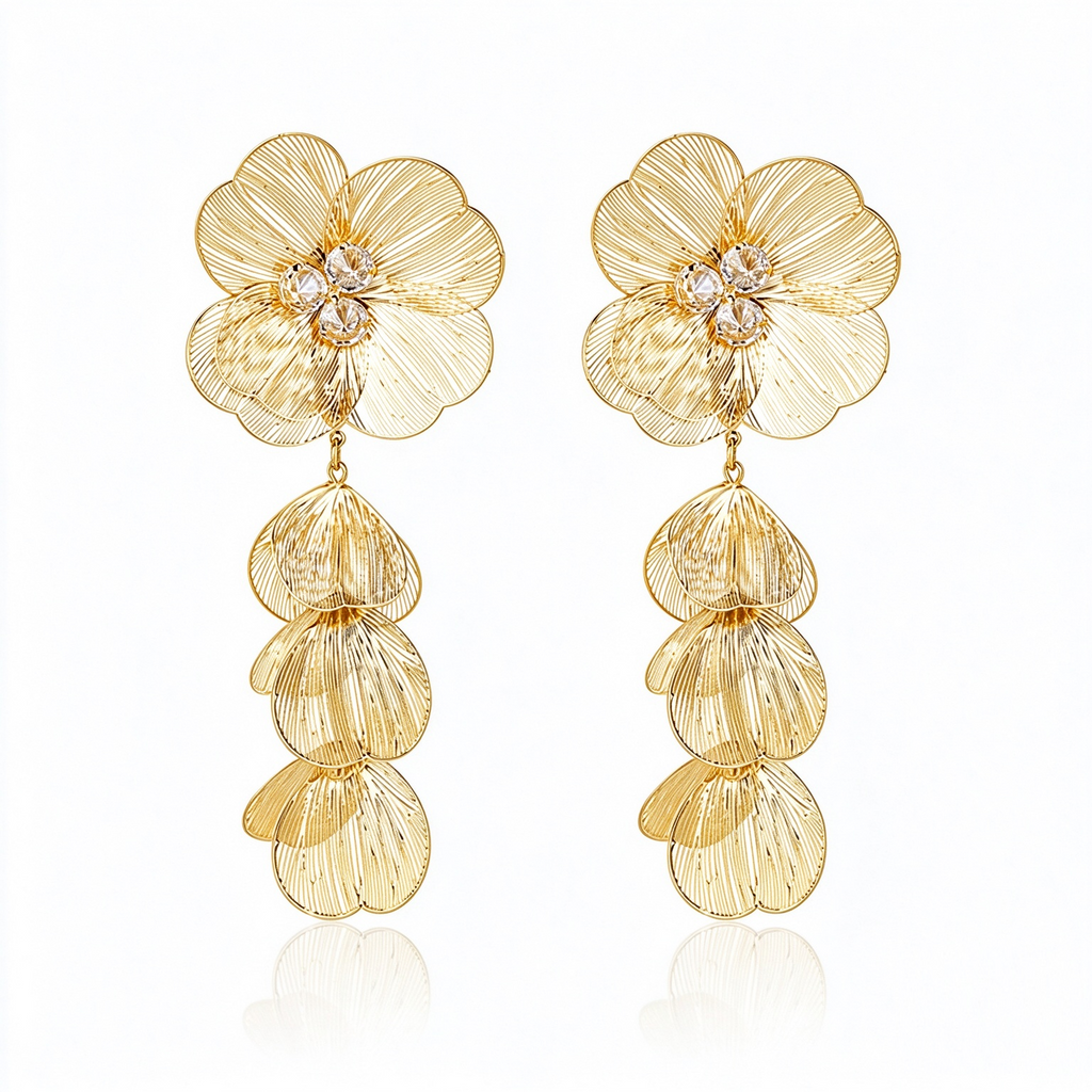 Gold-Tone Detachable Floral Drop Earrings with layered botanical petals