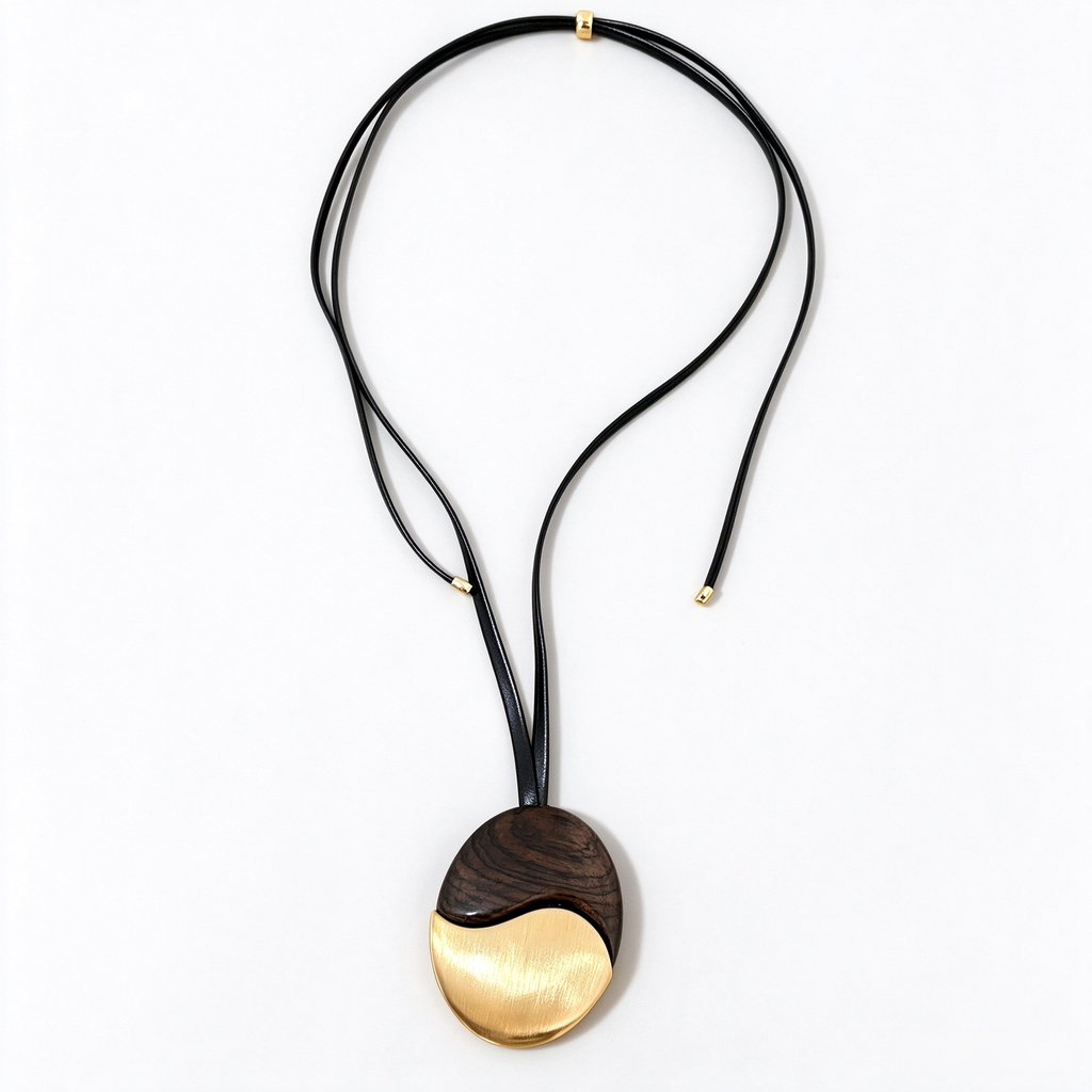 Ebony wood pendant necklace with brushed gold-tone metal and black leather cord