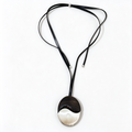 Ebony wood pendant necklace with brushed silver-tone metal and black leather cord