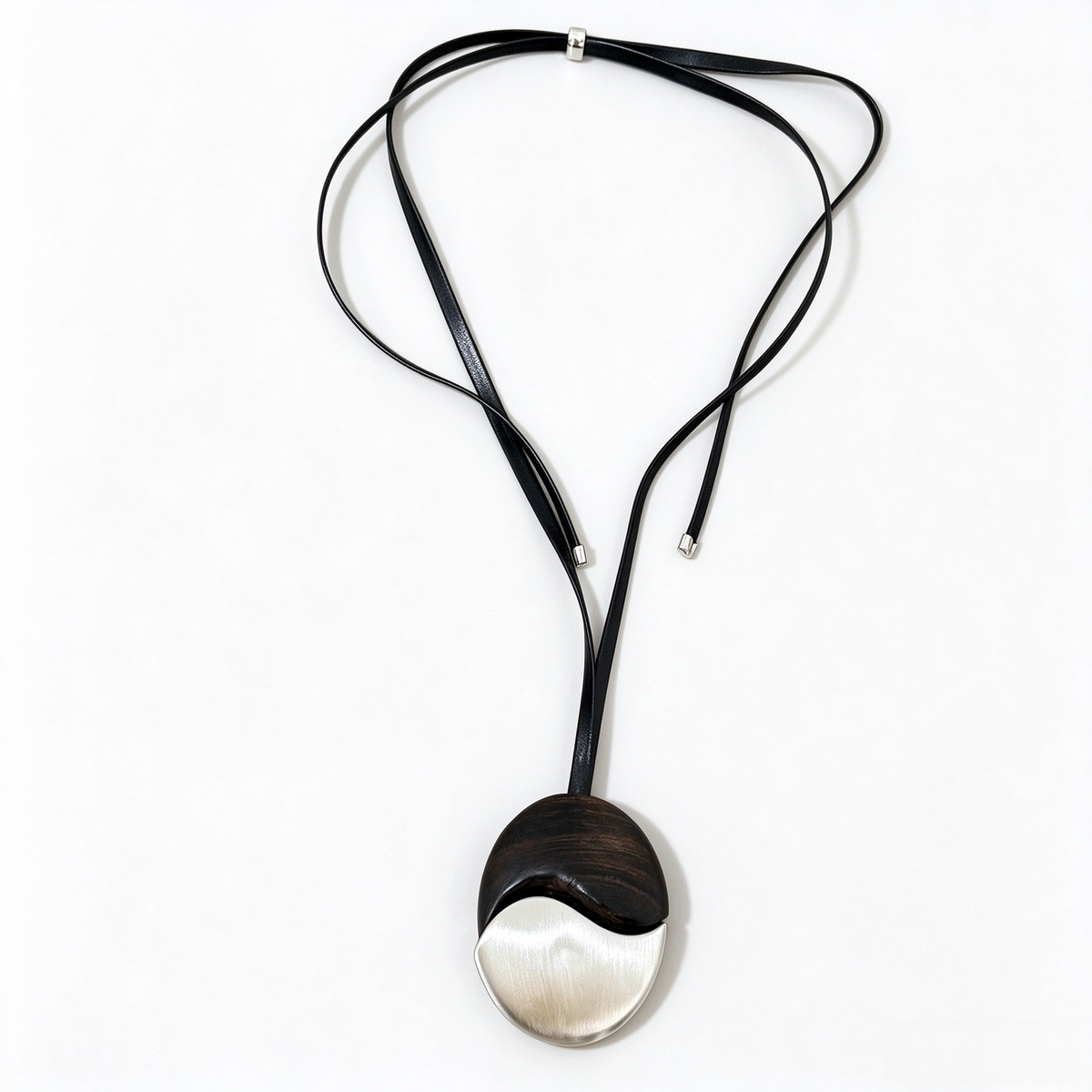 Ebony wood pendant necklace with brushed silver-tone metal and black leather cord