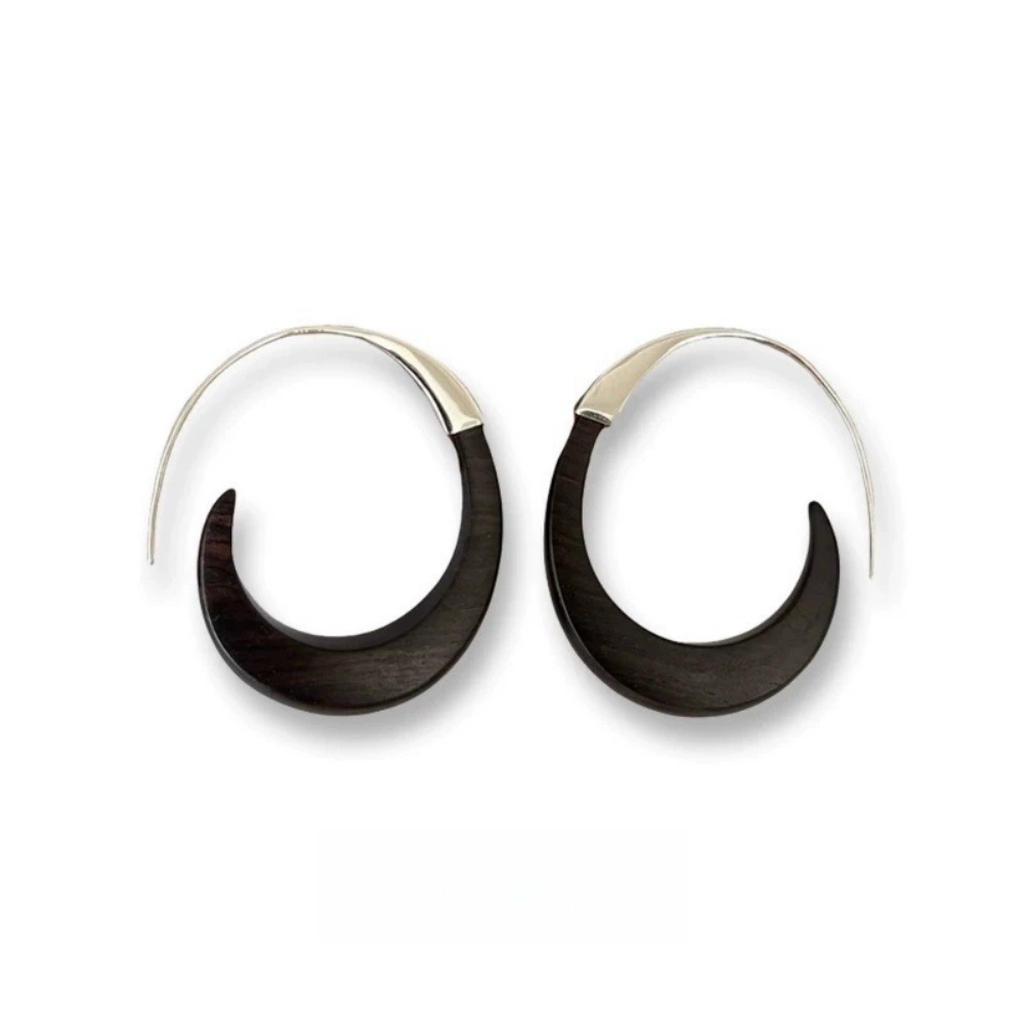 Ebony Wood Hoop Earrings with silver-tone brass