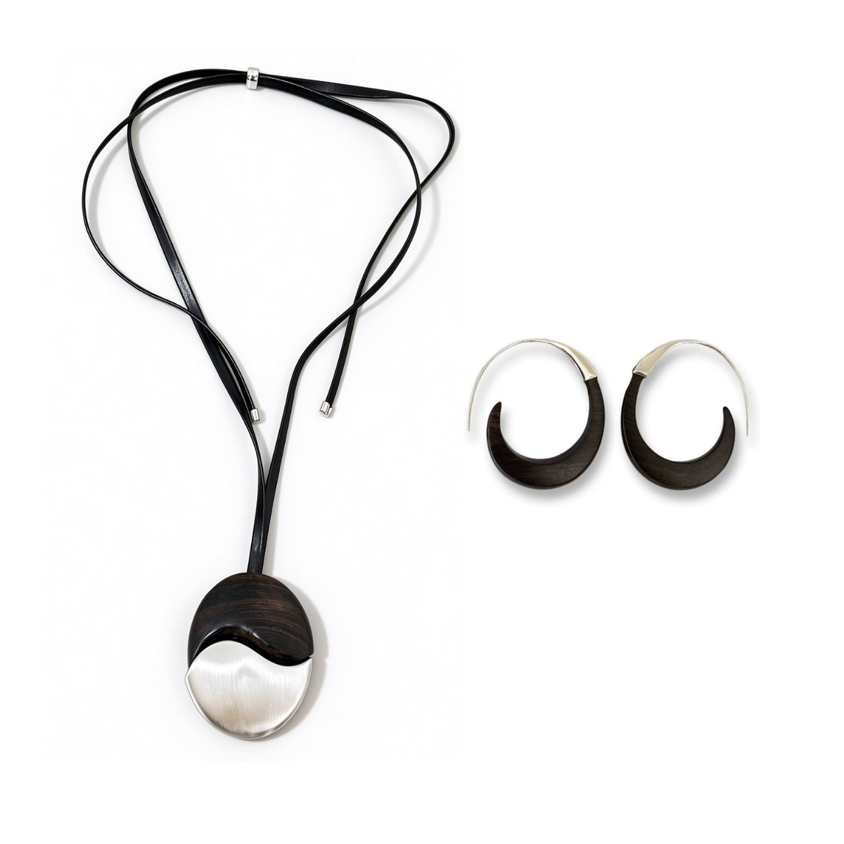 Ebony wood pendant necklace and matching silver-tone hoop earrings set