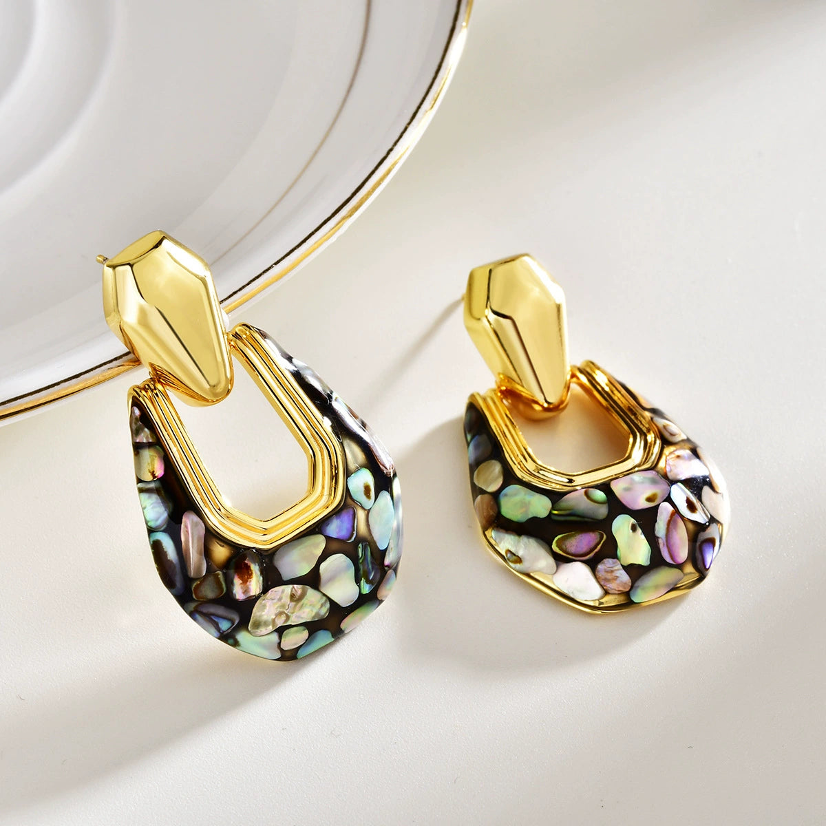 Black-back abalone geometric shell drop earrings with multicolor iridescent shell