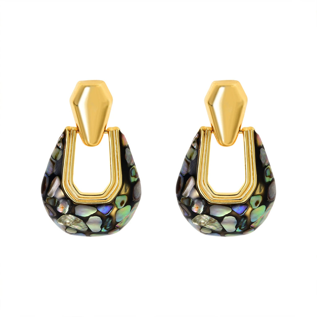 Black-back abalone geometric shell drop earrings with gold-tone details