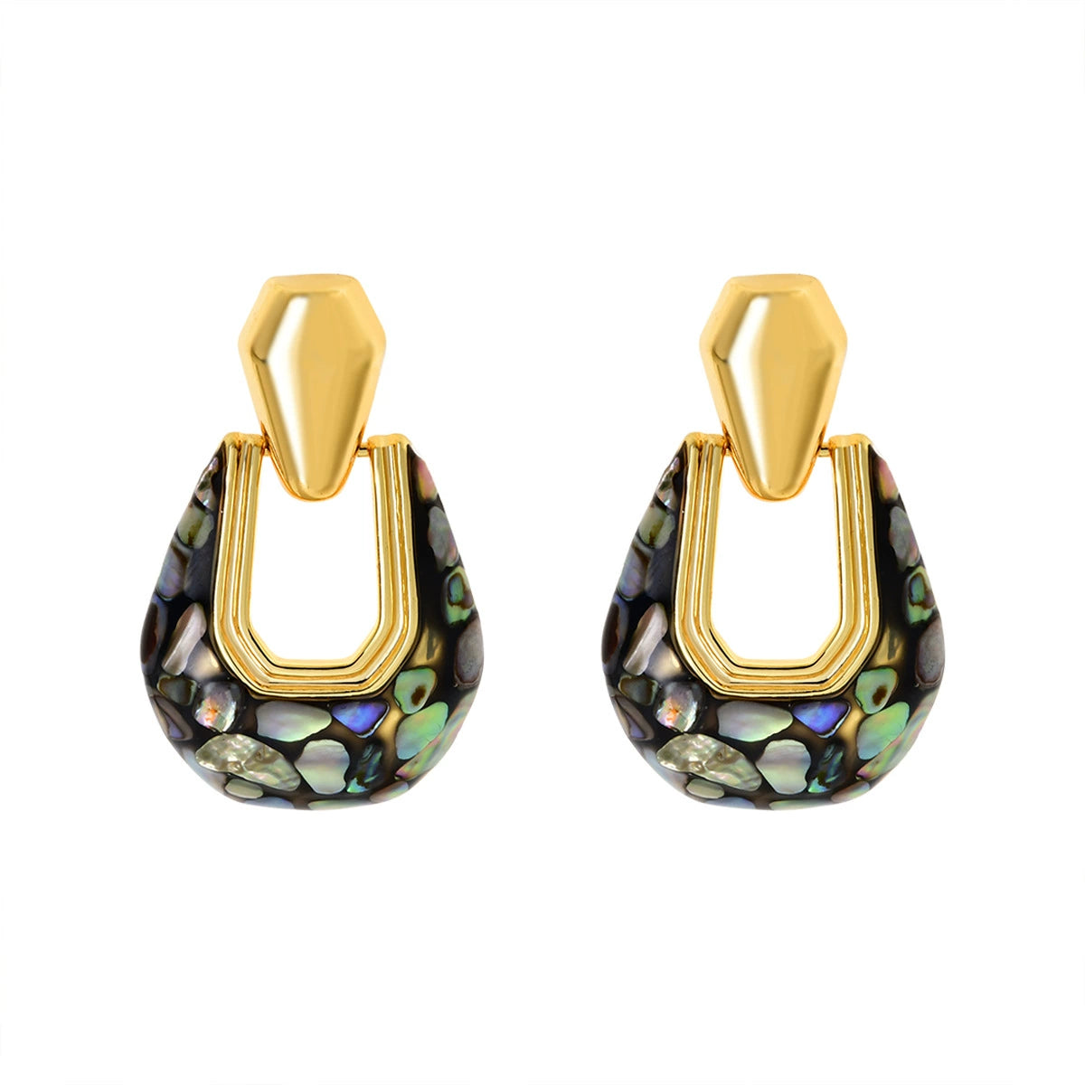 Black-back abalone geometric shell drop earrings with gold-tone details