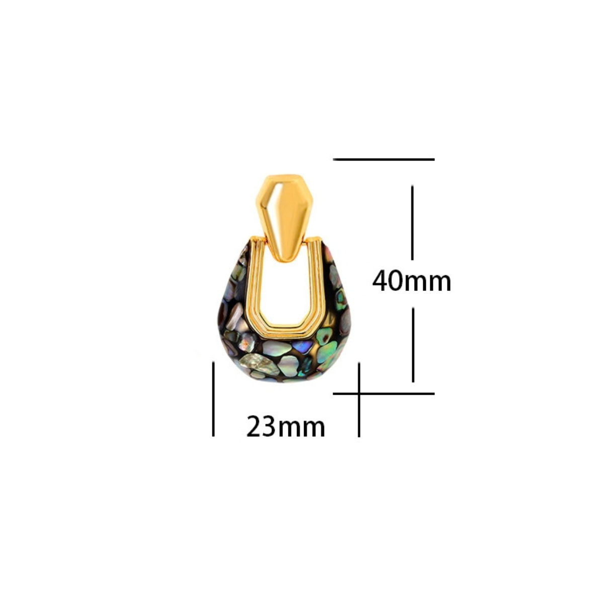Black-back abalone geometric drop earring measuring approximately 40 by 23 mm