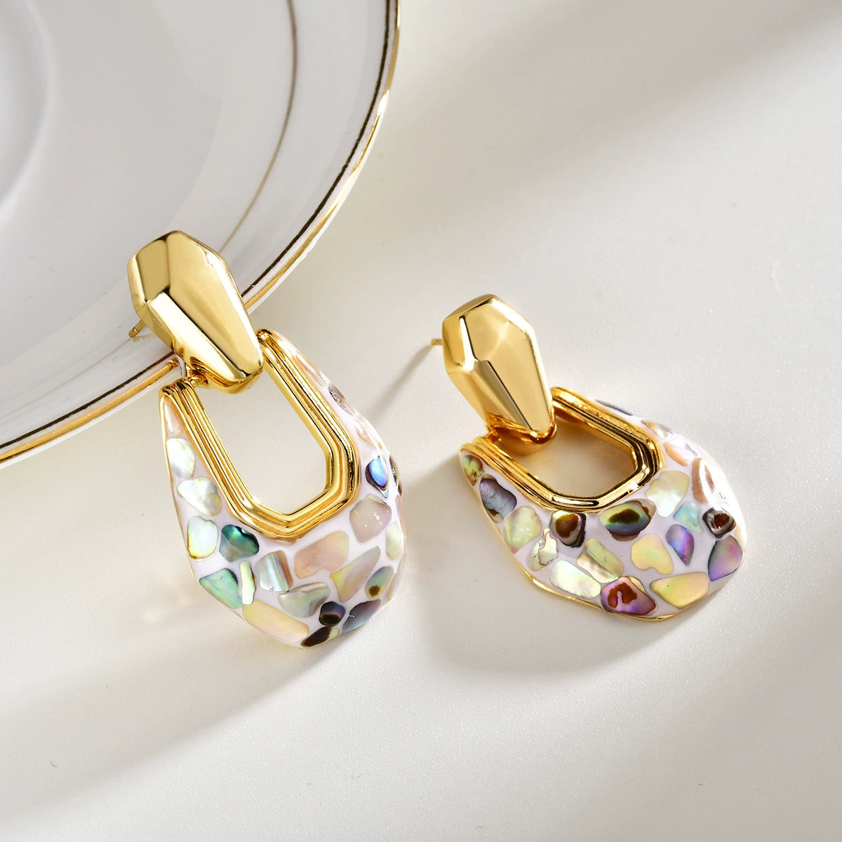 White-back abalone geometric shell drop earrings with iridescent natural shell