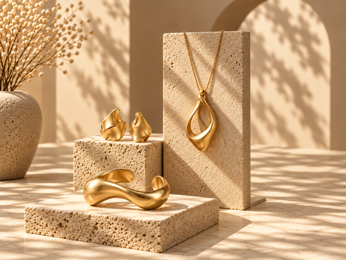 Sculptural gold-tone earrings, pendant necklace and cuff arranged in a warm architectural setting