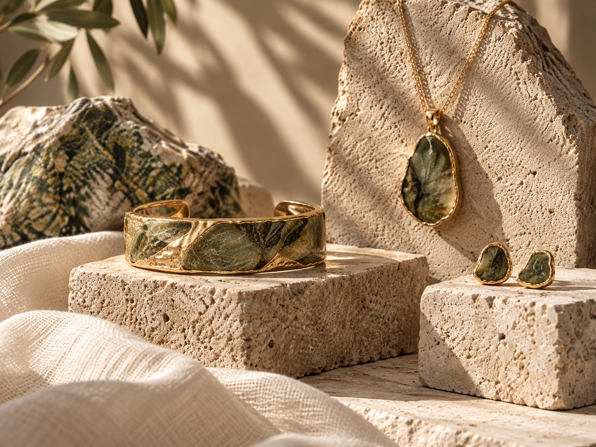 Natural stone jewelry highlighting organic green stone patterns and surface variation