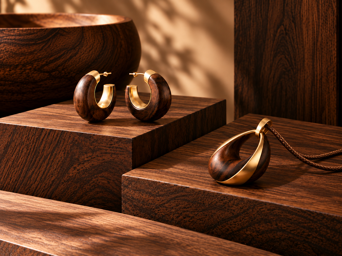 Sculptural wood earrings and pendant highlighting rich natural grain and warm tonal variation