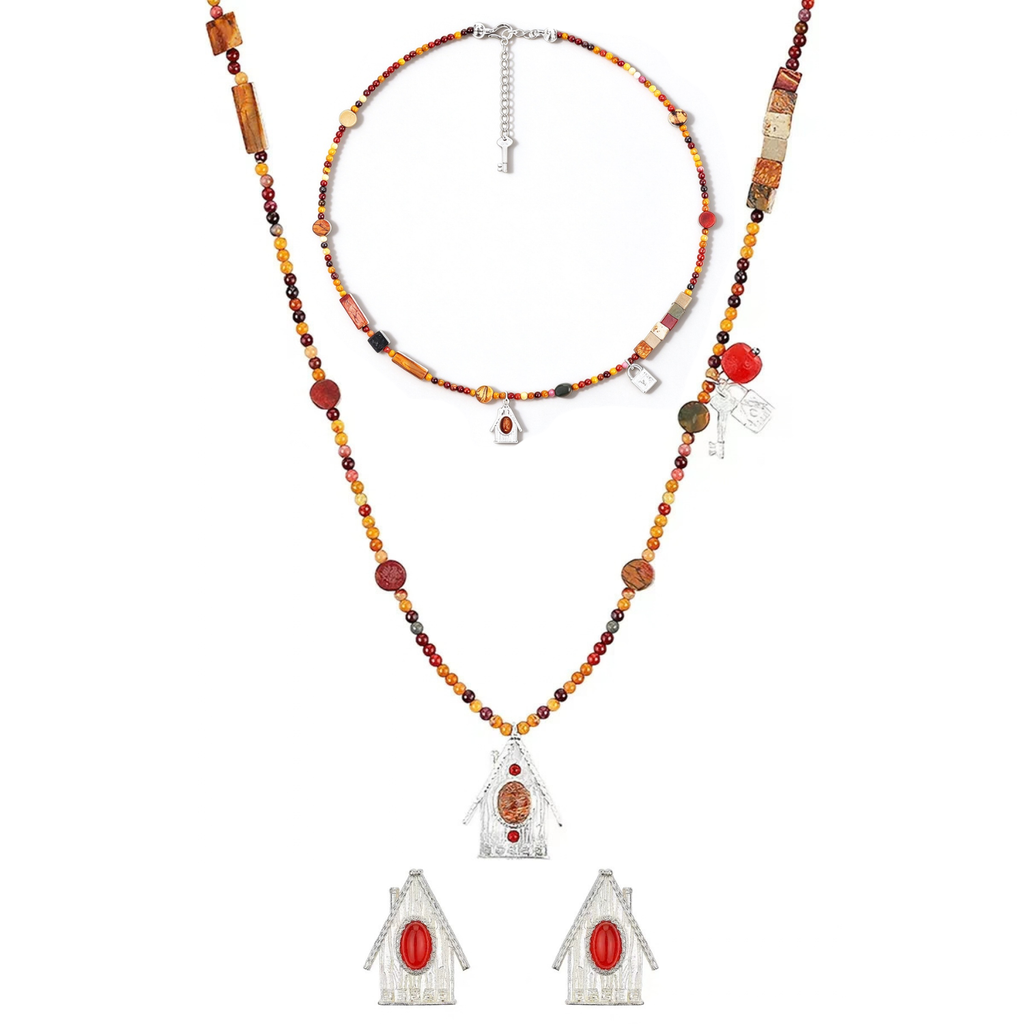 House Charm short and long mixed-stone necklaces styled as a layered set with matching earrings