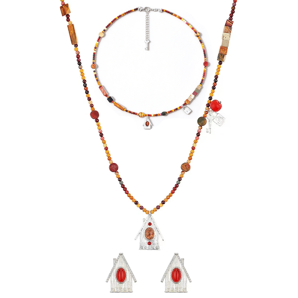House Charm short and long mixed-stone necklaces styled as a layered set with matching earrings