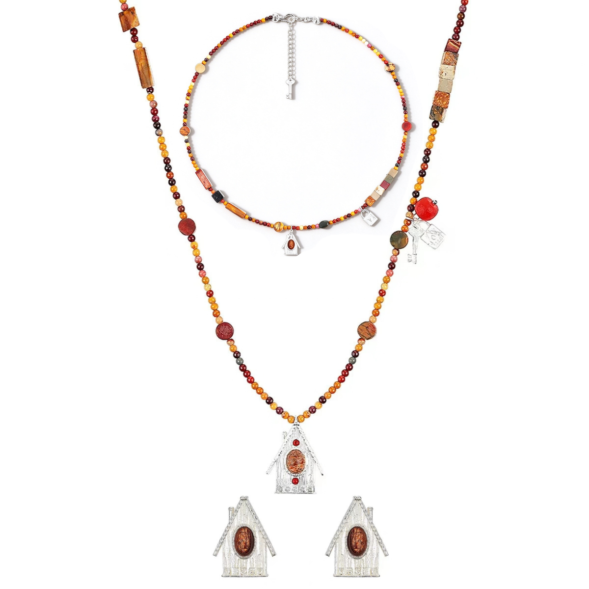 House Charm short and long mixed-stone necklaces styled as a layered set with matching earrings