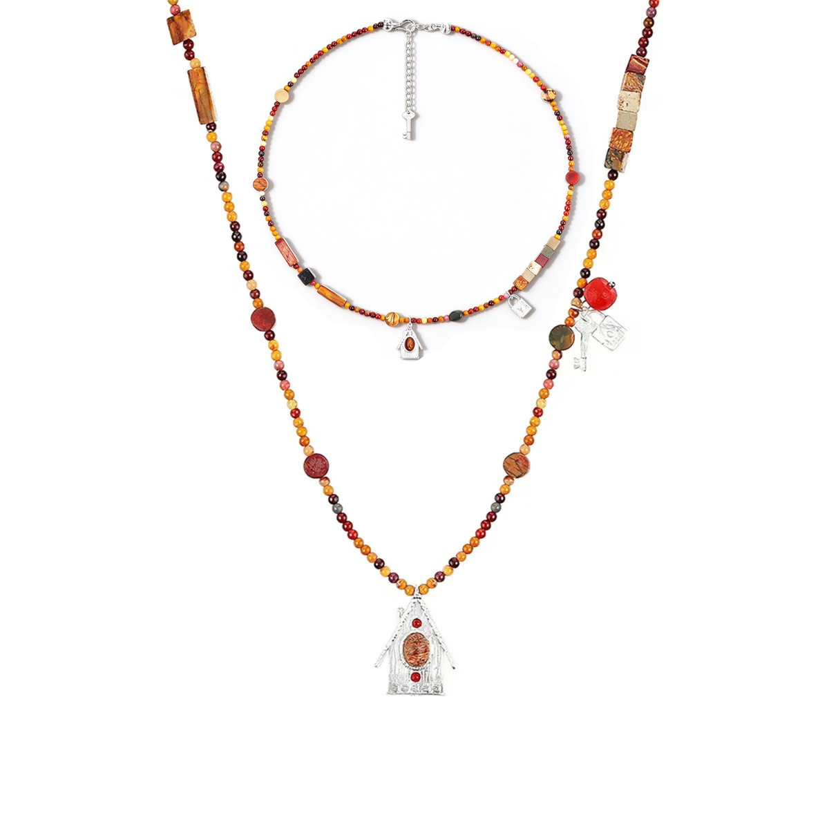 House Charm short and long mixed-stone necklaces styled as a layered set