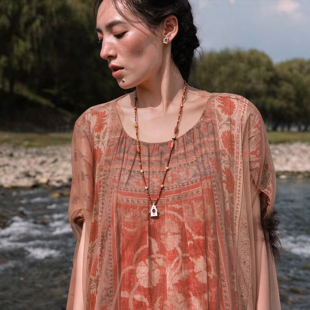 Model wearing the House Charm Long Necklace & Earrings Set with mixed natural stones