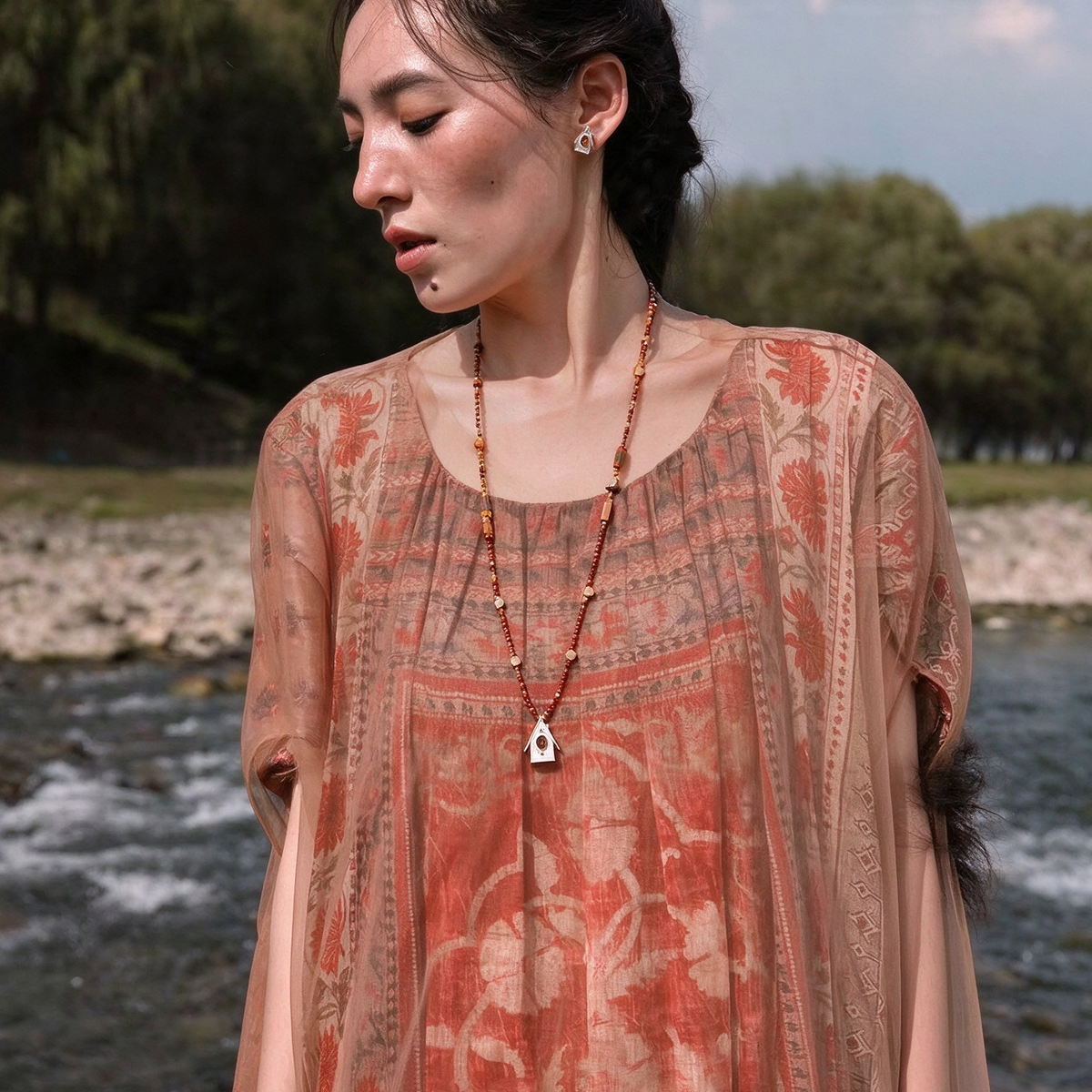 Model wearing the House Charm Long Necklace & Earrings Set with mixed natural stones