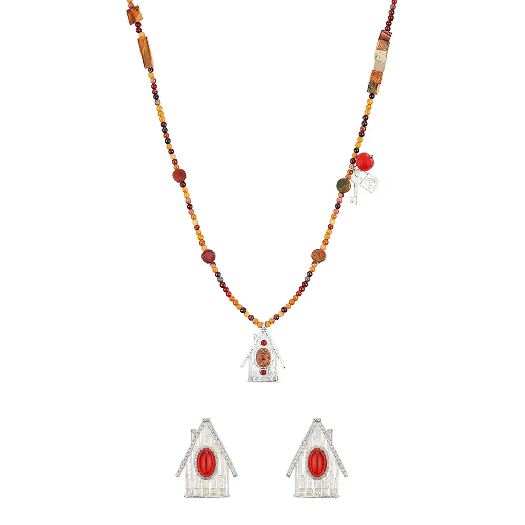 House Charm Long Necklace & Earrings Set with mixed natural stones