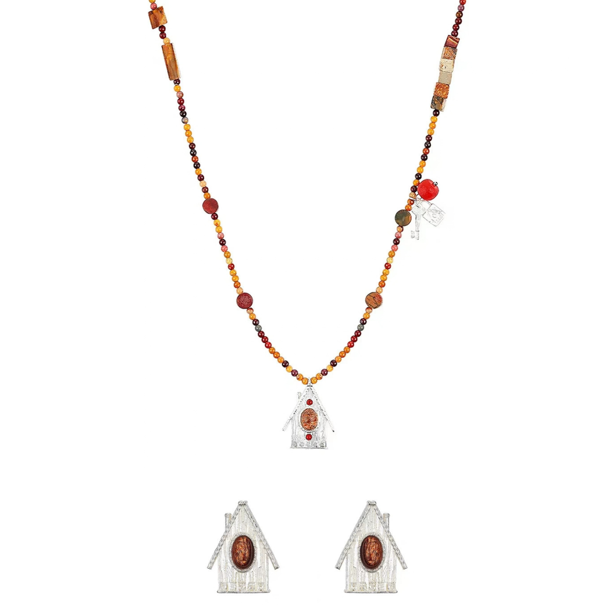 House Charm Long Necklace & Earrings Set with mixed natural stones