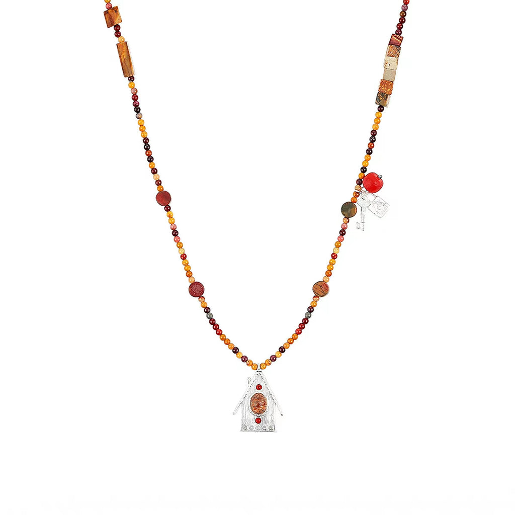 House Charm Mixed-Stone Long Necklace with silver-tone charm