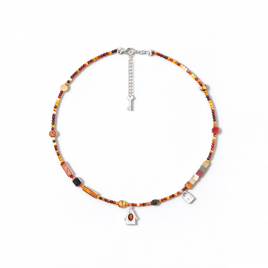 House Charm Mixed-Stone Short Necklace with silver-tone charms