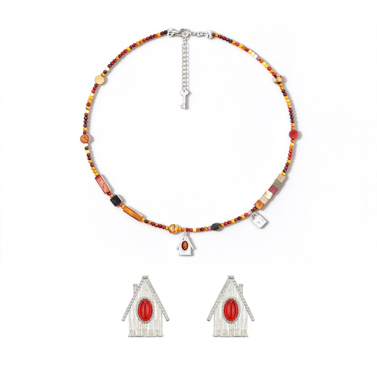 House Charm Short Necklace & Earrings Set with mixed natural stones