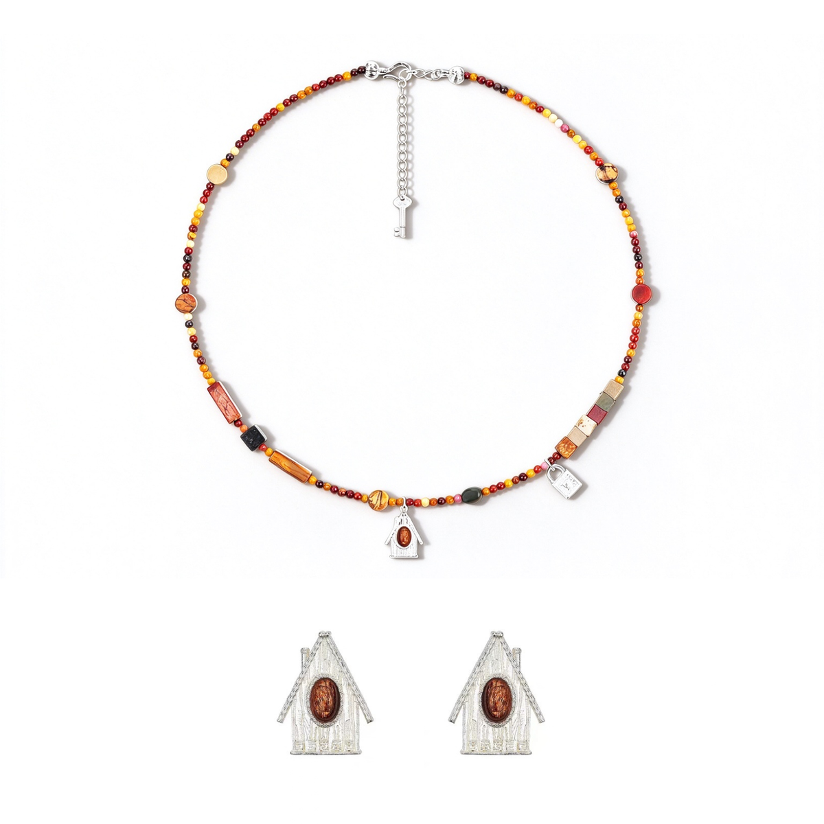 House Charm Short Necklace & Earrings Set with mixed natural stones