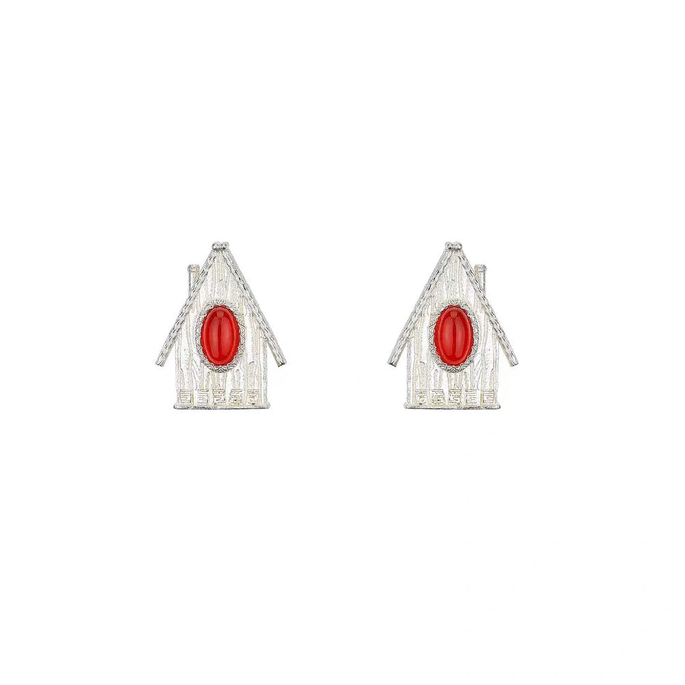 House Charm Stone Stud Earrings in Red