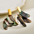 Iridescent abalone shell statement earrings with layered green and violet shell pieces