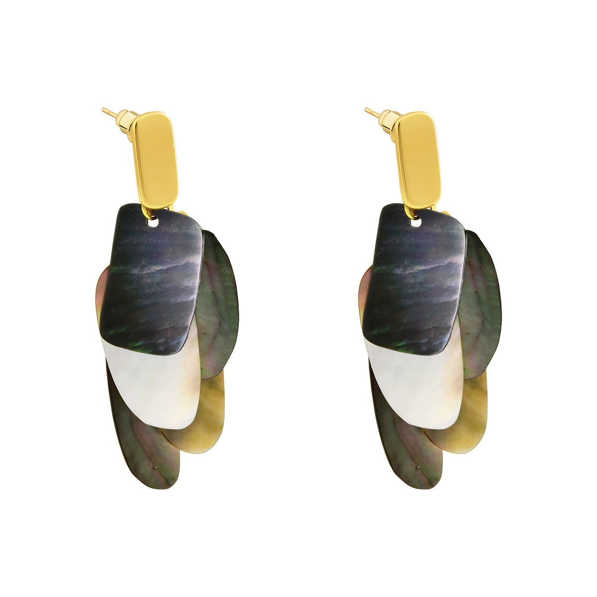Iridescent abalone shell drop earrings with layered natural shell pieces