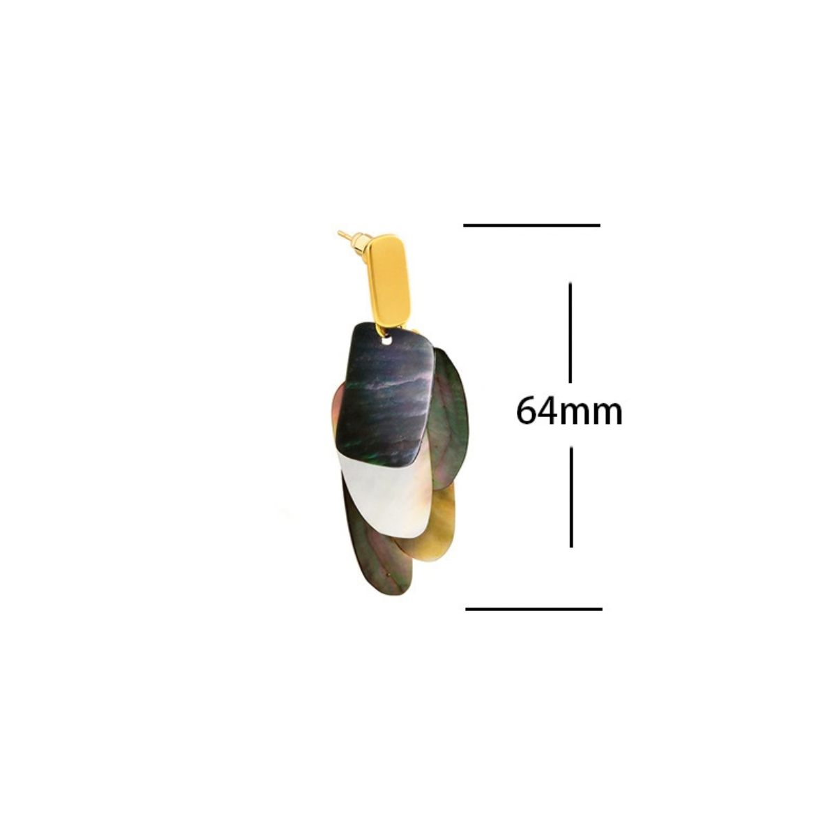 Iridescent abalone shell drop earring measuring approximately 64 mm long