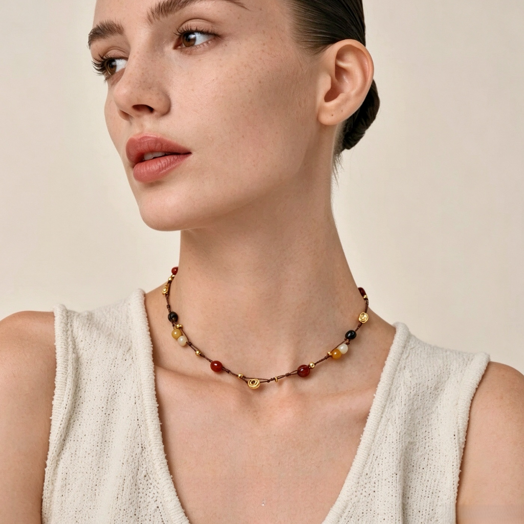 Multicolor natural stone necklace worn as a short choker
