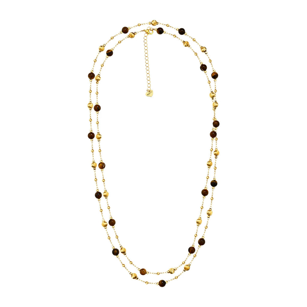 Layered tiger eye long necklace with double gold-tone strands