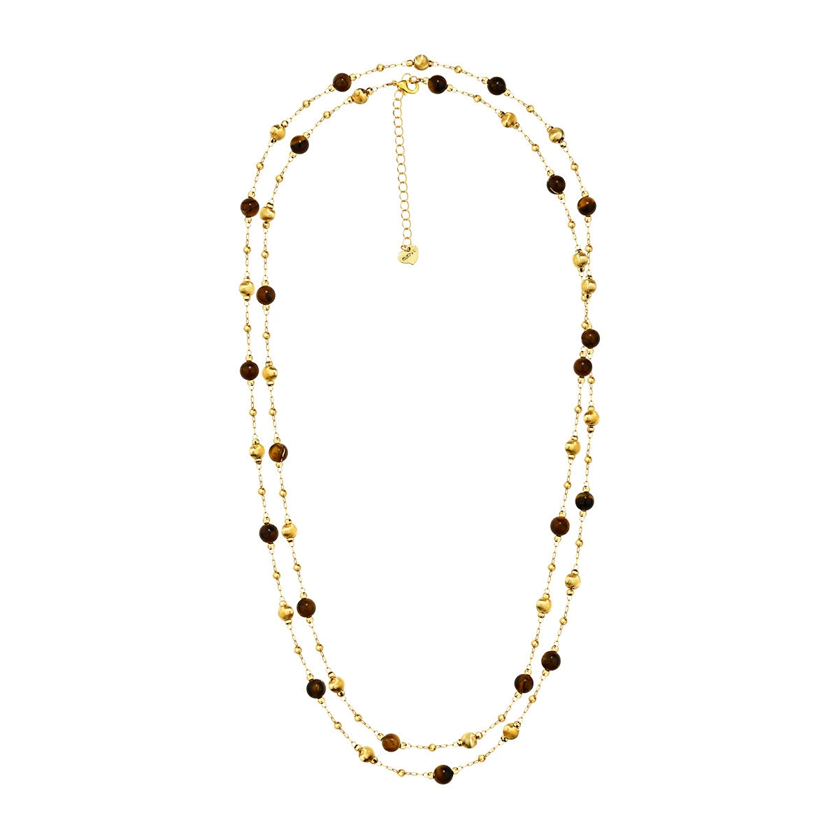 Layered tiger eye long necklace with double gold-tone strands