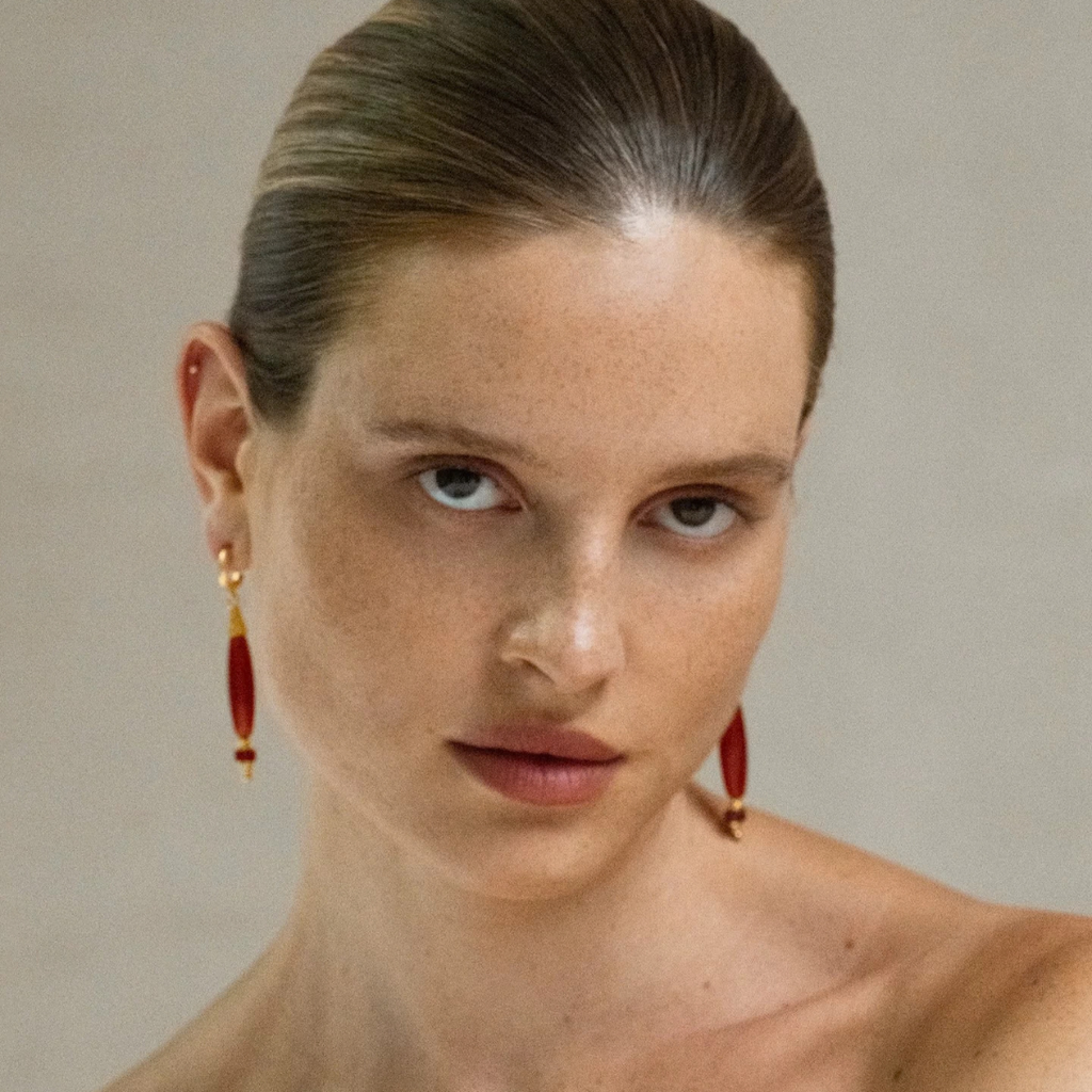 Model wearing Style A long bead drop earrings