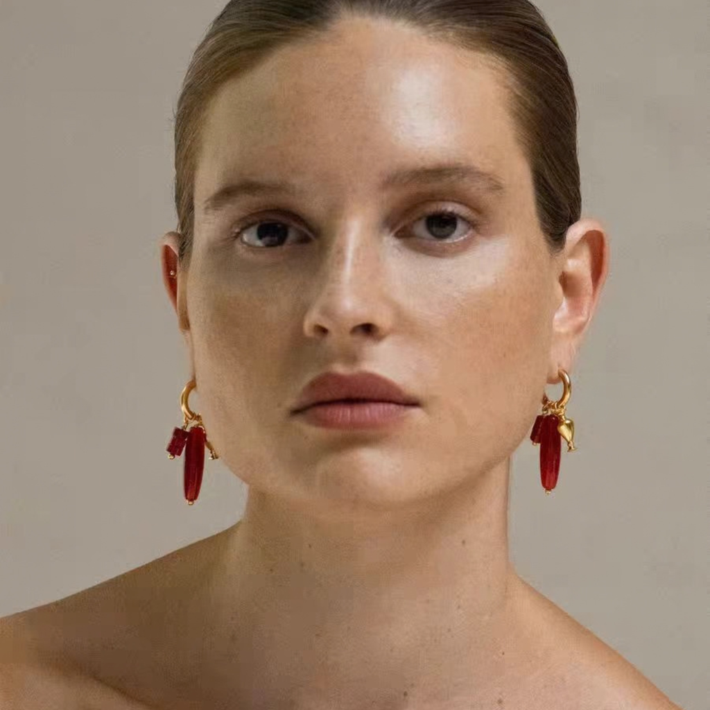Model wearing Style B charm hoop long bead earrings
