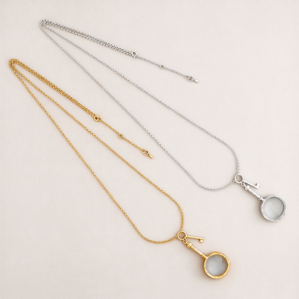 Magnifying Glass Key Pendant Necklace in Gold-Tone and Silver-Tone