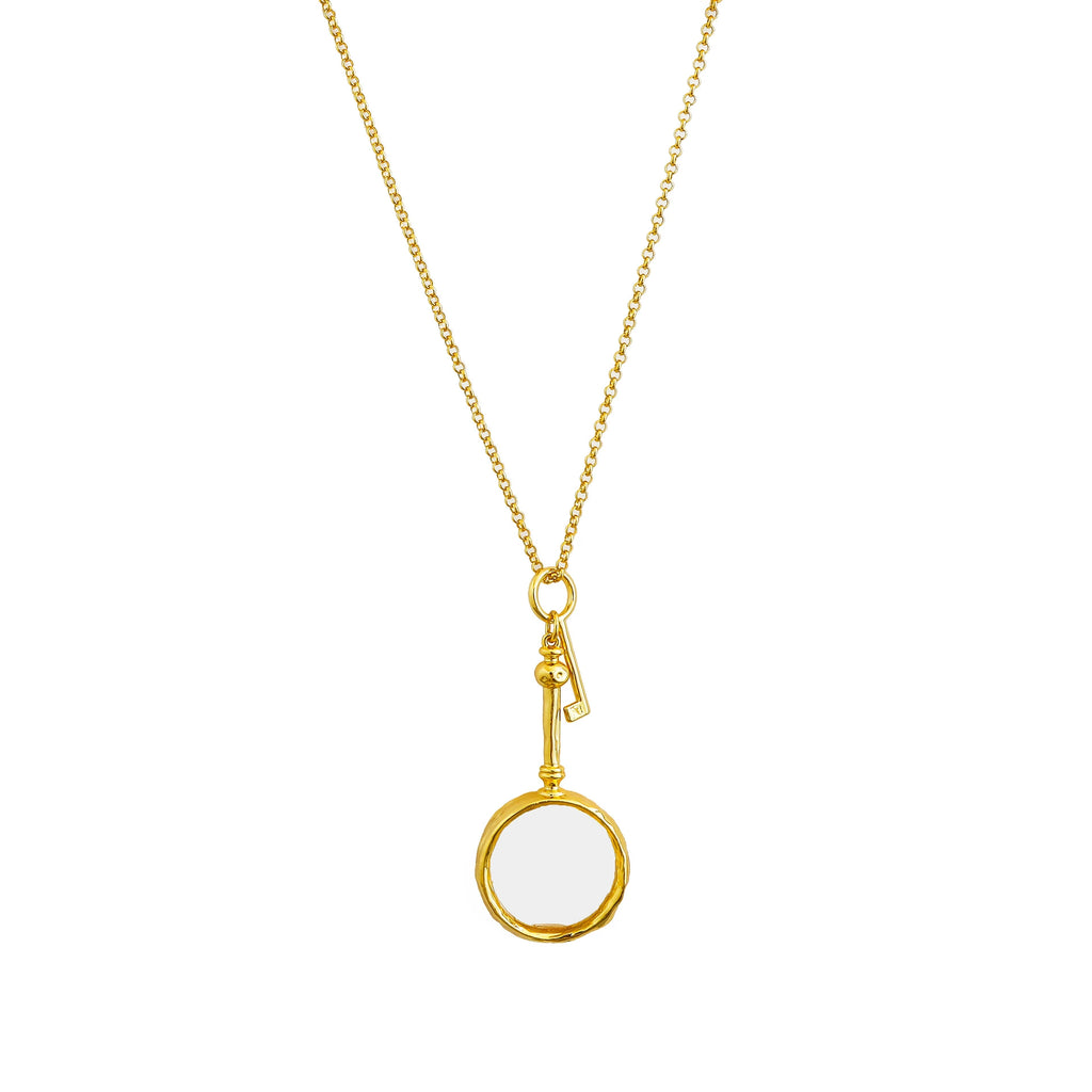 Gold-Tone Magnifying Glass Key Pendant Necklace with glass lens