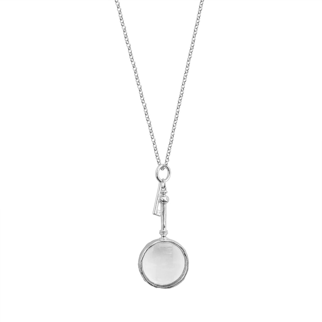 Silver-Tone Magnifying Glass Key Pendant Necklace with glass lens