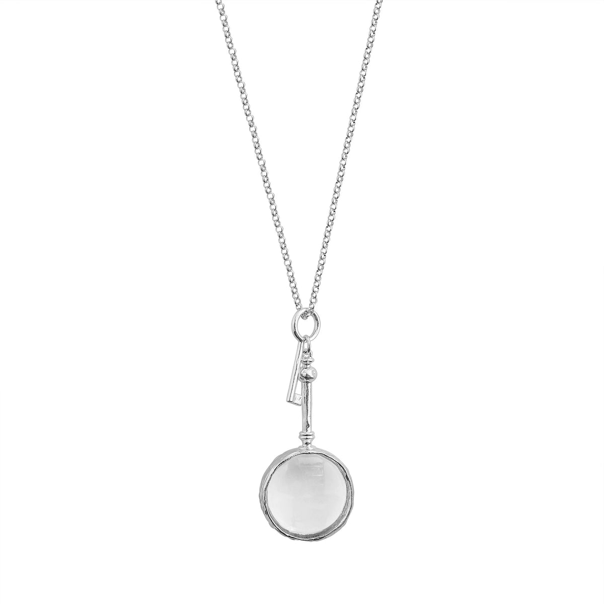Silver-Tone Magnifying Glass Key Pendant Necklace with glass lens