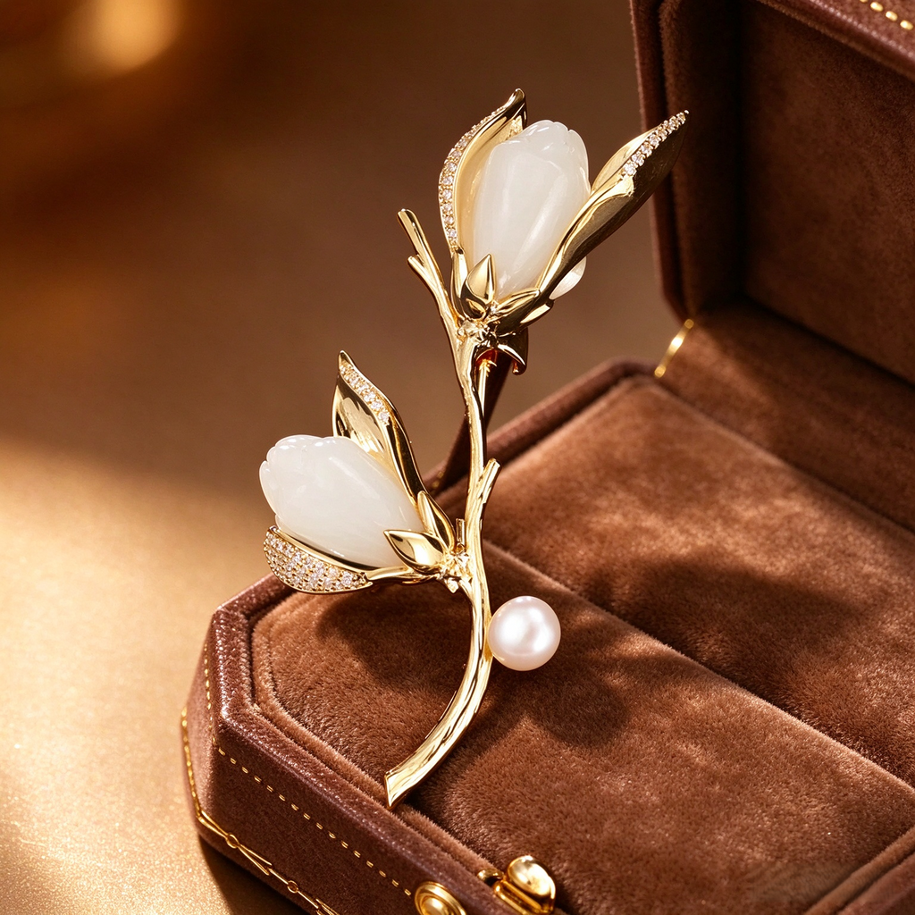 Gold-tone magnolia pearl branch brooch displayed in a jewelry box