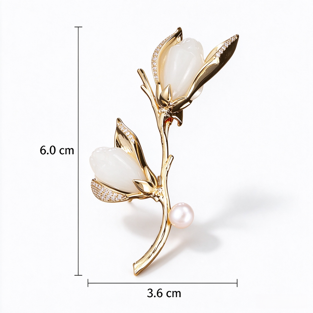 Magnolia pearl branch brooch measuring approximately 6.0 by 3.6 cm