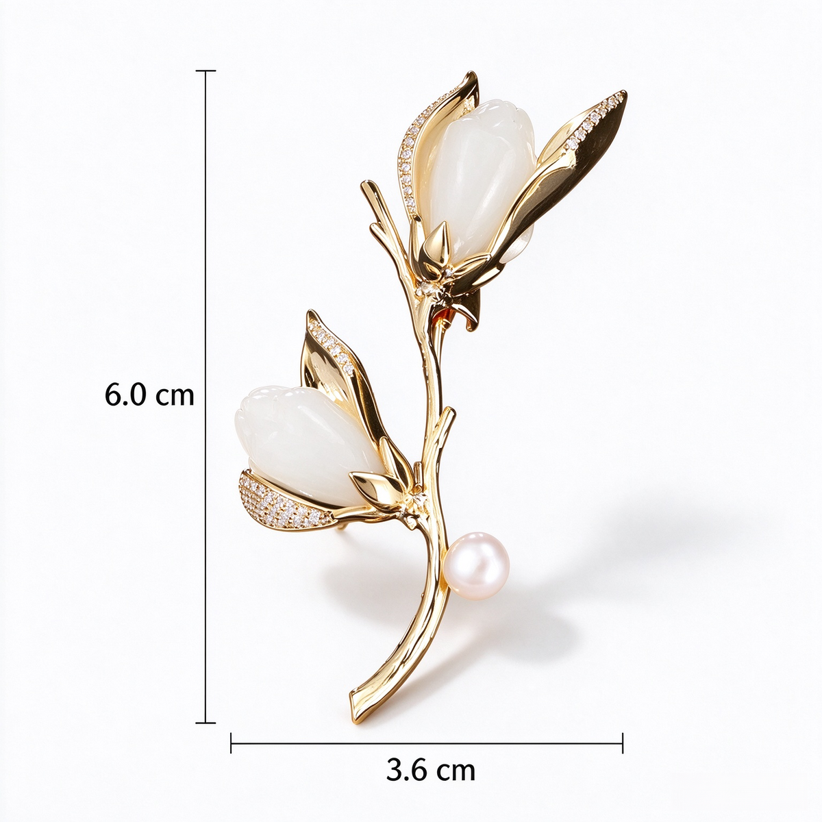 Magnolia pearl branch brooch measuring approximately 6.0 by 3.6 cm